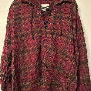 Distressed Plaid Red, Brown, and Black American Eagle Tie Cross Top